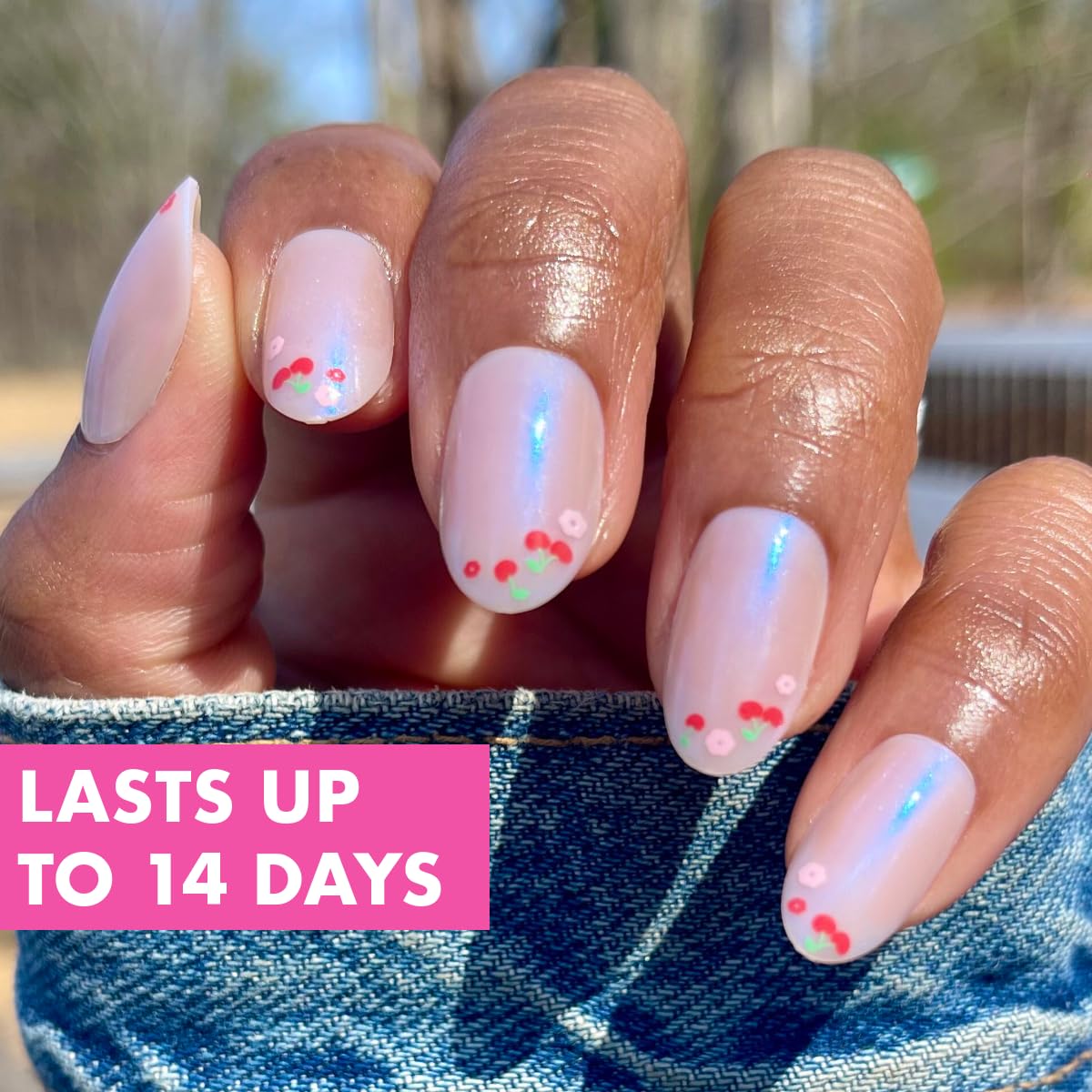 Olive & June Maximalist Instant Mani Press-On Nails (Glue) | 42 Fake Nails, 21 Sizes | Non-Toxic, Long-Lasting Big, Bold Gorgeous Realistic Look | Medium, Oval | Cherry Floral Chrome French