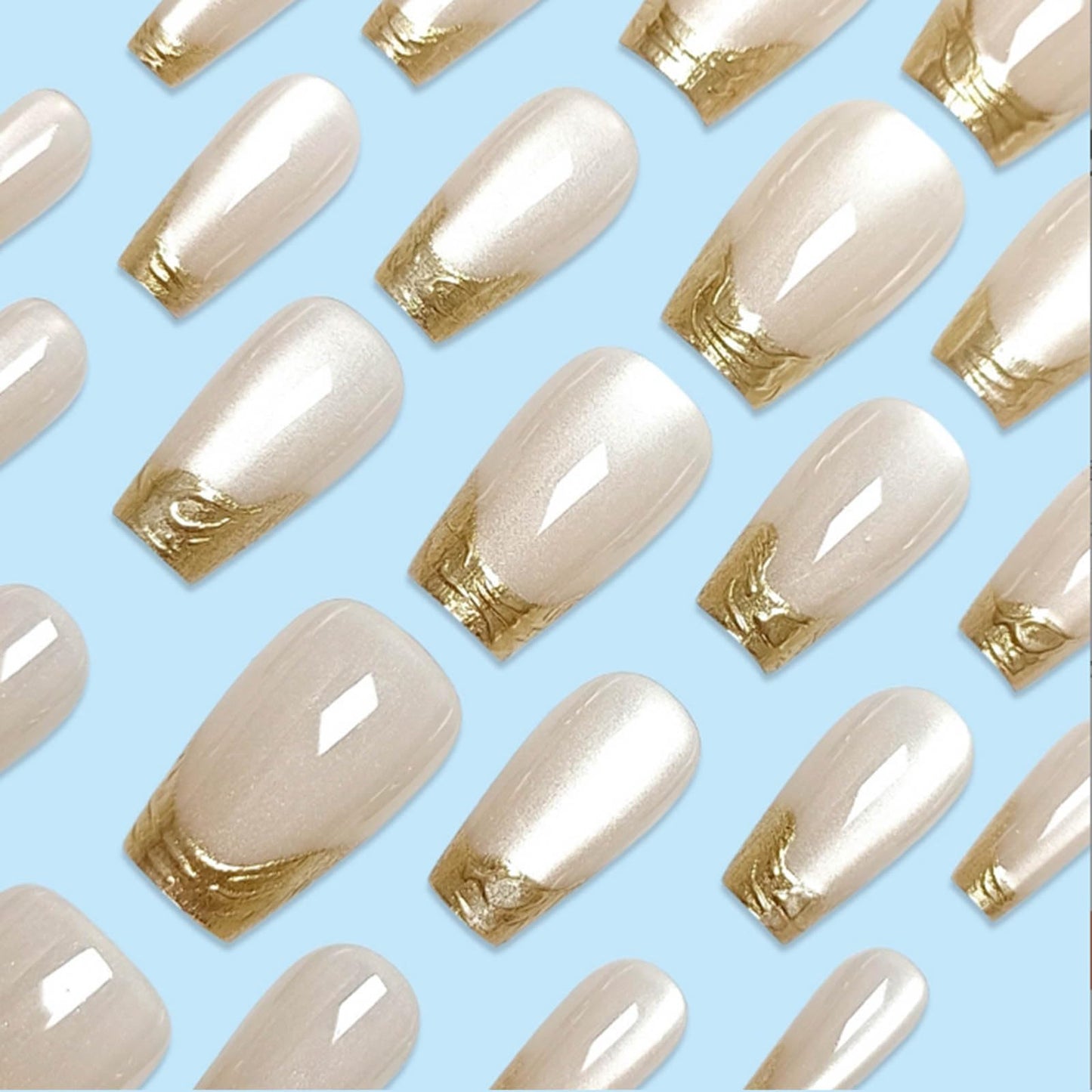 YoYoee 24Pcs-Short Square Press on Nails - French Cat's Eye False Nails | Glossy Bling Fake Nails for Women Elegant & Durable Artificial Nails for Instant Manicure