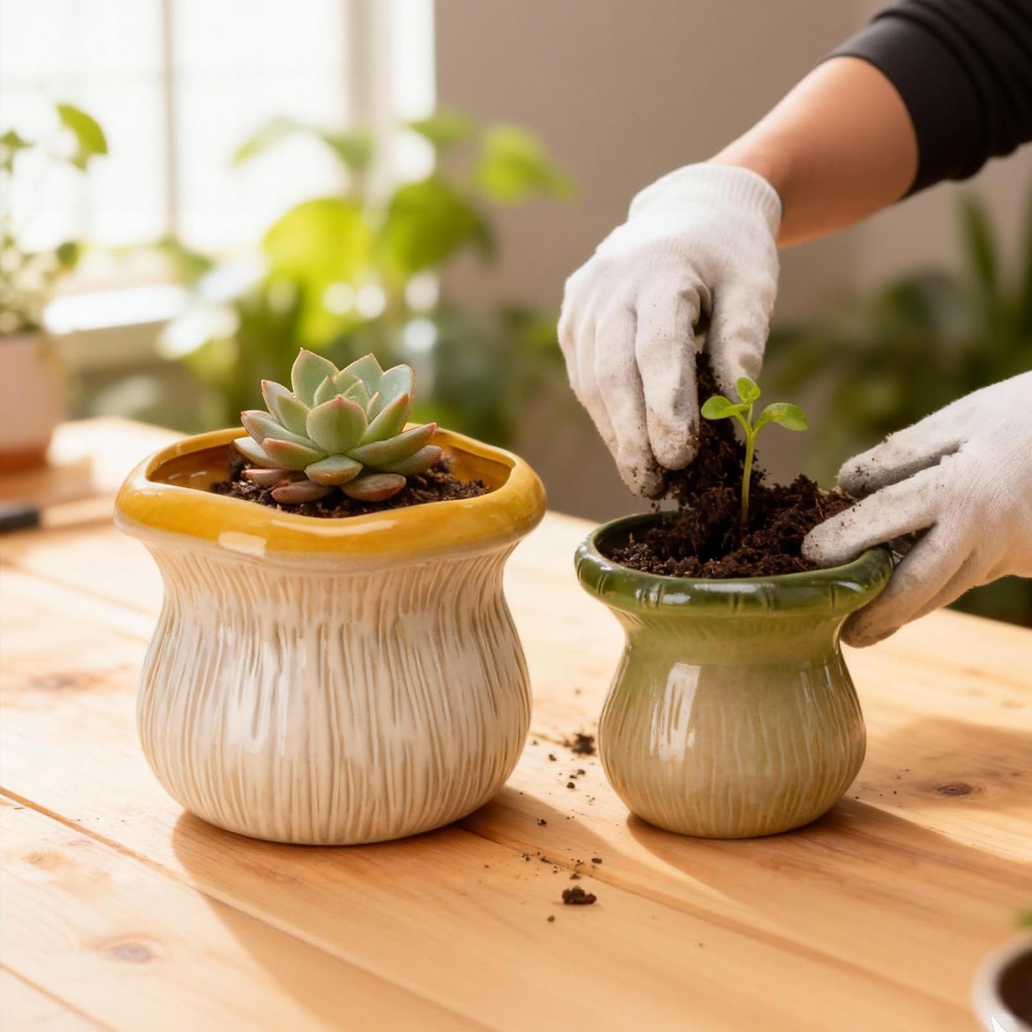 Chonsun 2 Pack Ceramic Plant Pots with Drainage Hole, Two-Tone Textured Planters for Indoor Outdoor Plants, Small Decorative Flower Pots for Succulents Herbs Houseplants