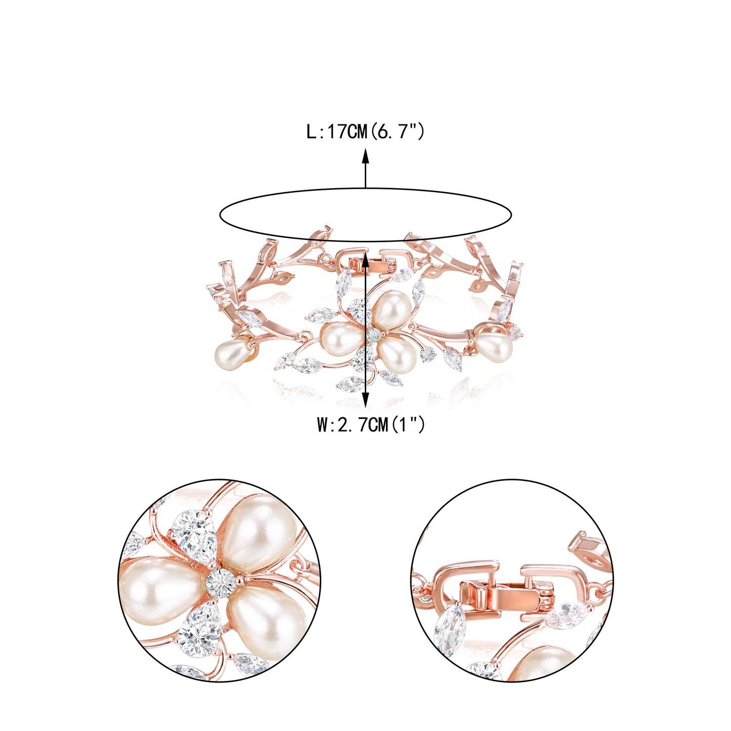 EVER FAITH Women's CZ Simulated Pearl Wedding Flower Leaf Filigree Tennis Bracelet Clear Rose Gold-Plated-Brass