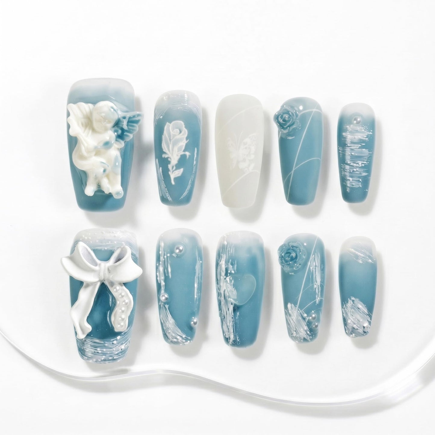 Sun&Beam Nails Handmade Press On Nail Coffin Ballerina 3D Accessories Blue Acrylic Fake Tip Design Art Charms Cute with Storage Box 10 Pcs (#008 L)