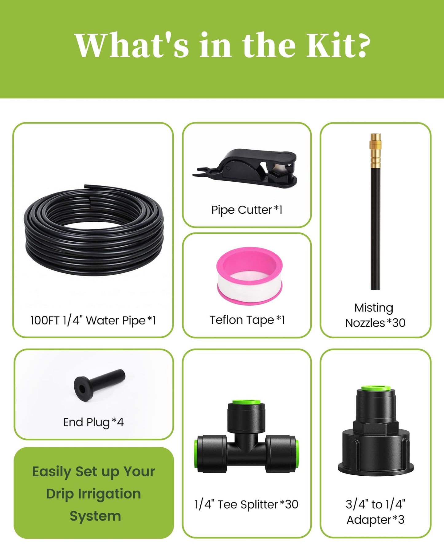 RAINPOINT 100FT Drip Irrigation System, Garden Watering Kit with 30pcs 360°Adjustable Copper Nozzles, Automatic Atomizing Watering Sprinkler System for Greenhouse, Lawn, Raised Beds, Outdoor Plants