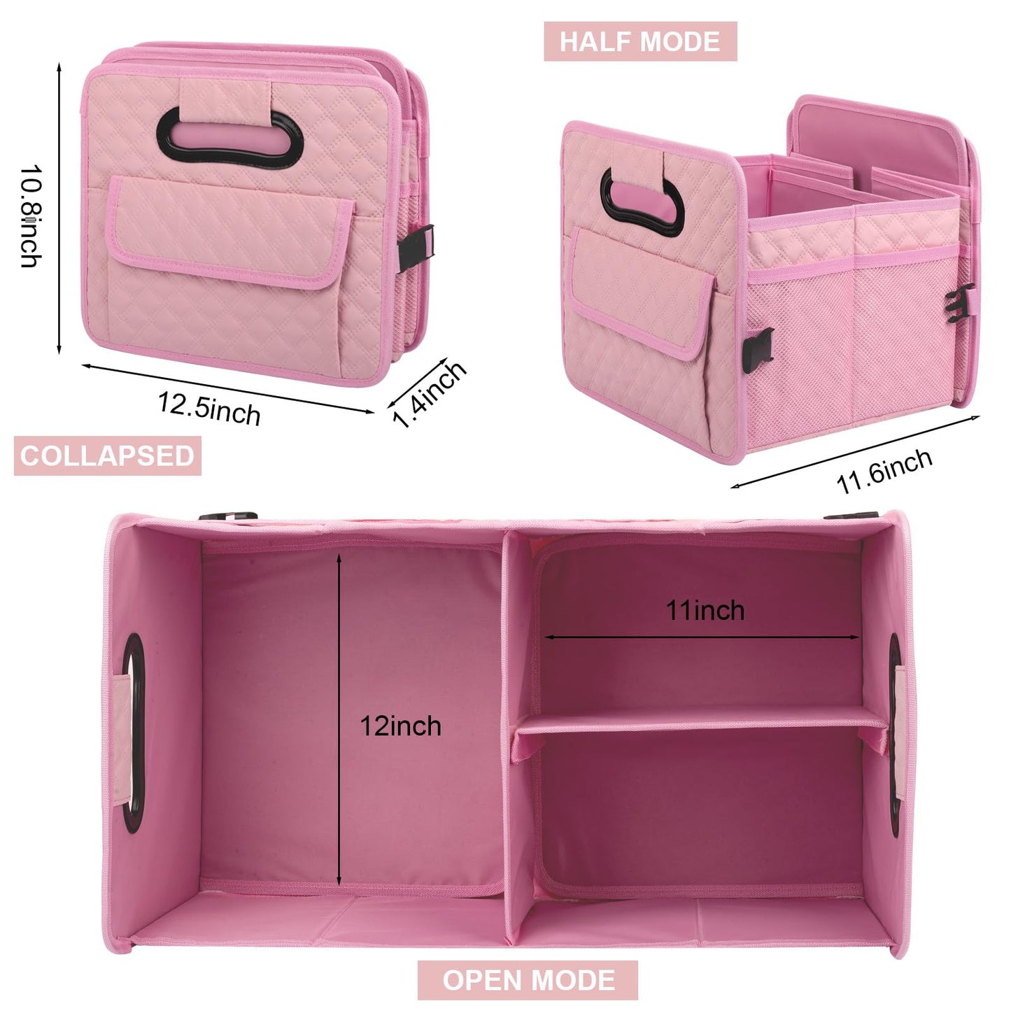 JiatuA Car Trunk Organizer for SUV, Car Storage Organizer Collapsible Multi Compartment Container Box, Adjustable Car Accessories for Women/Men, Pink