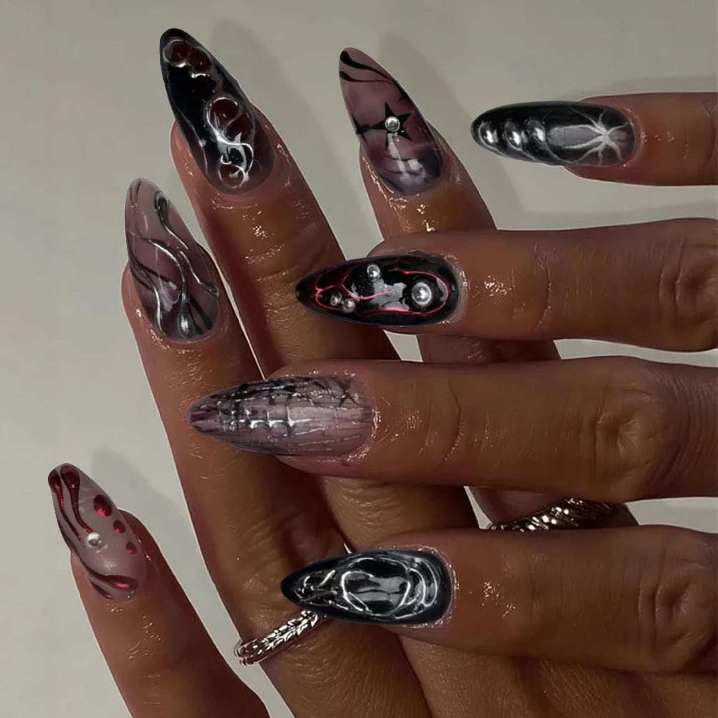 VOTACOS Goth Red Black Press on Nails Almond Medium Acrylic Fake Nails Press Ons with Glue 24Pcs Silver Lines Beads Y2K Stick on Nail with Designs 3D Star Artificial Glue on False Nail for Women