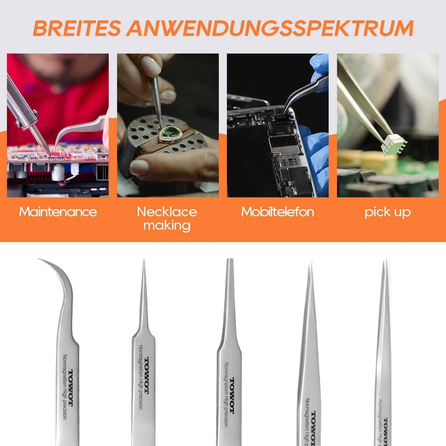 TOWOT Precision Tweezers, 5 PCS Stainless Steel, Non-Magnetic, Heat Resistant, Curved, Jewelry, Electronics, Craft, Soldering, Experimental Work
