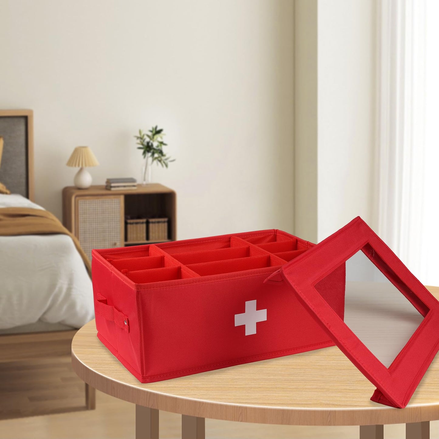 Xbopetda First Aid Kit, Linen First Aid Supplies Box, Pill Bottle Organizer, Empty Box with Lid for Home & Travel Emergency Tool Set - Red