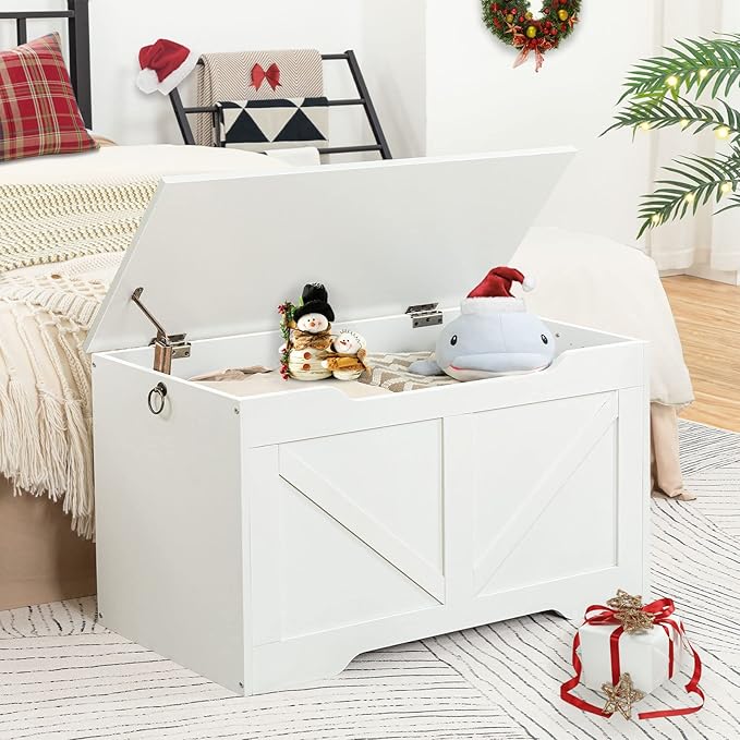 HOOBRO Storage Bench, 29.5” Retro Wooden Storage Chest with U-Shaped Cut-Out Pull, Safety Hinge, Supports 220 lb and Easy Assembly for Toy Box Organizer (White) WT77CW01