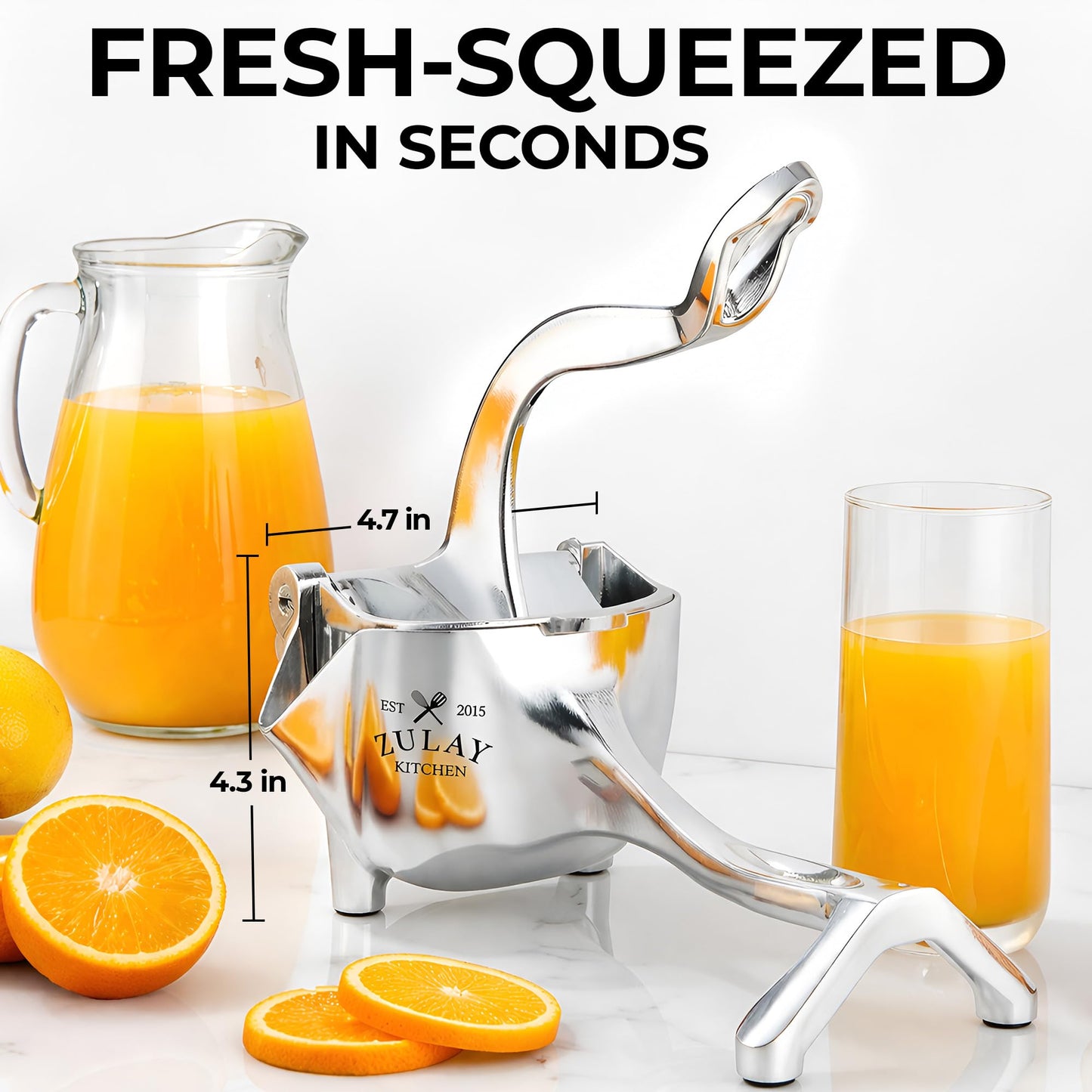 Zulay Manual Fruit Juicer- Heavy Duty Juice Press Squeezer with Detachable Lever & Removable Strainer - Fruit Press & Hand Juicer For Pomegranates, Lemons, Oranges, and More (Silver)
