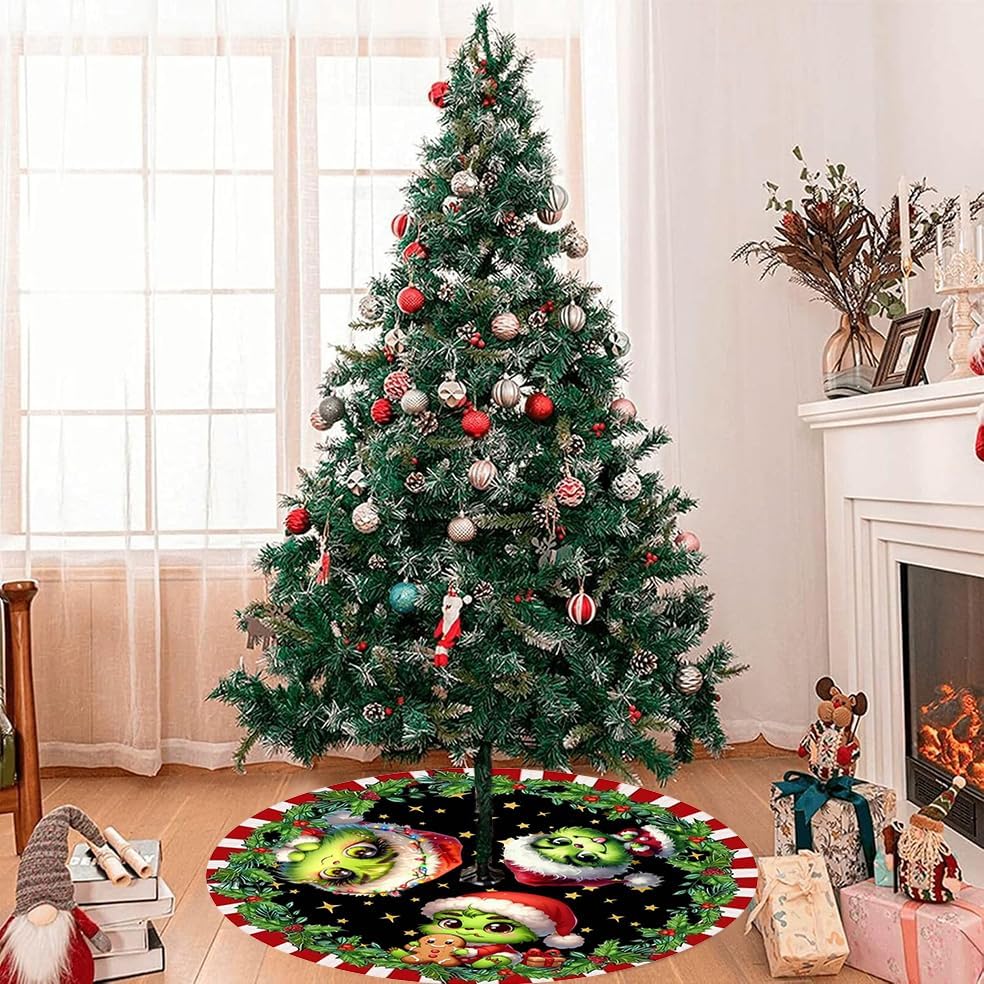 Christmas Tree Skirt 48 Inch, Cute Christmas Cartoon Xmas Tree Skirt Holly Wreath Star Candy Cane Edge Winter Holiday Party Decorations for Christmas Tree Base