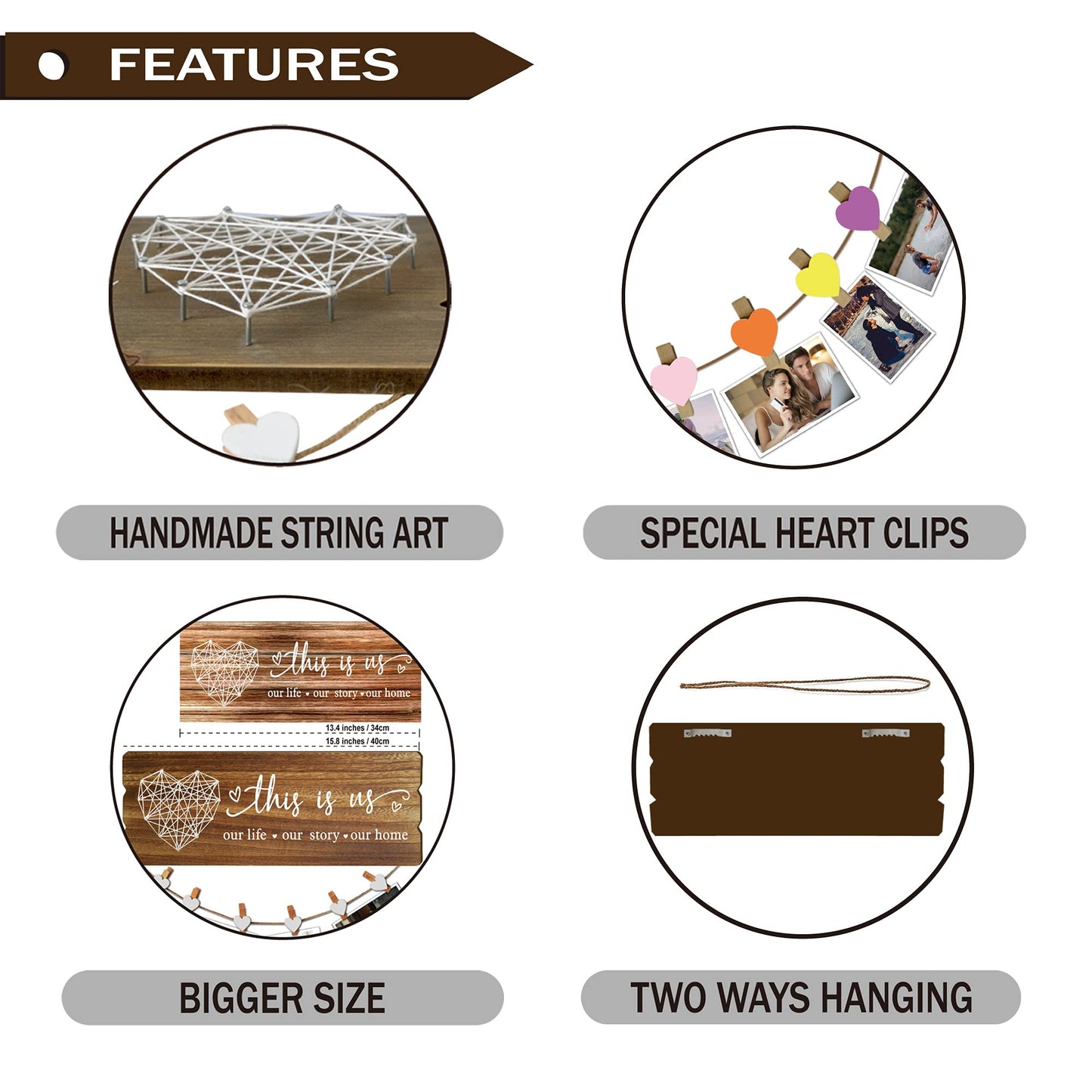 Buecasa Housewarming Gifts New Home Sign Decor - Rustic Wall Hanging Picture Frame with 6 Heart Clips -This Is Us Wall Decor 15.8x6.0 Inches