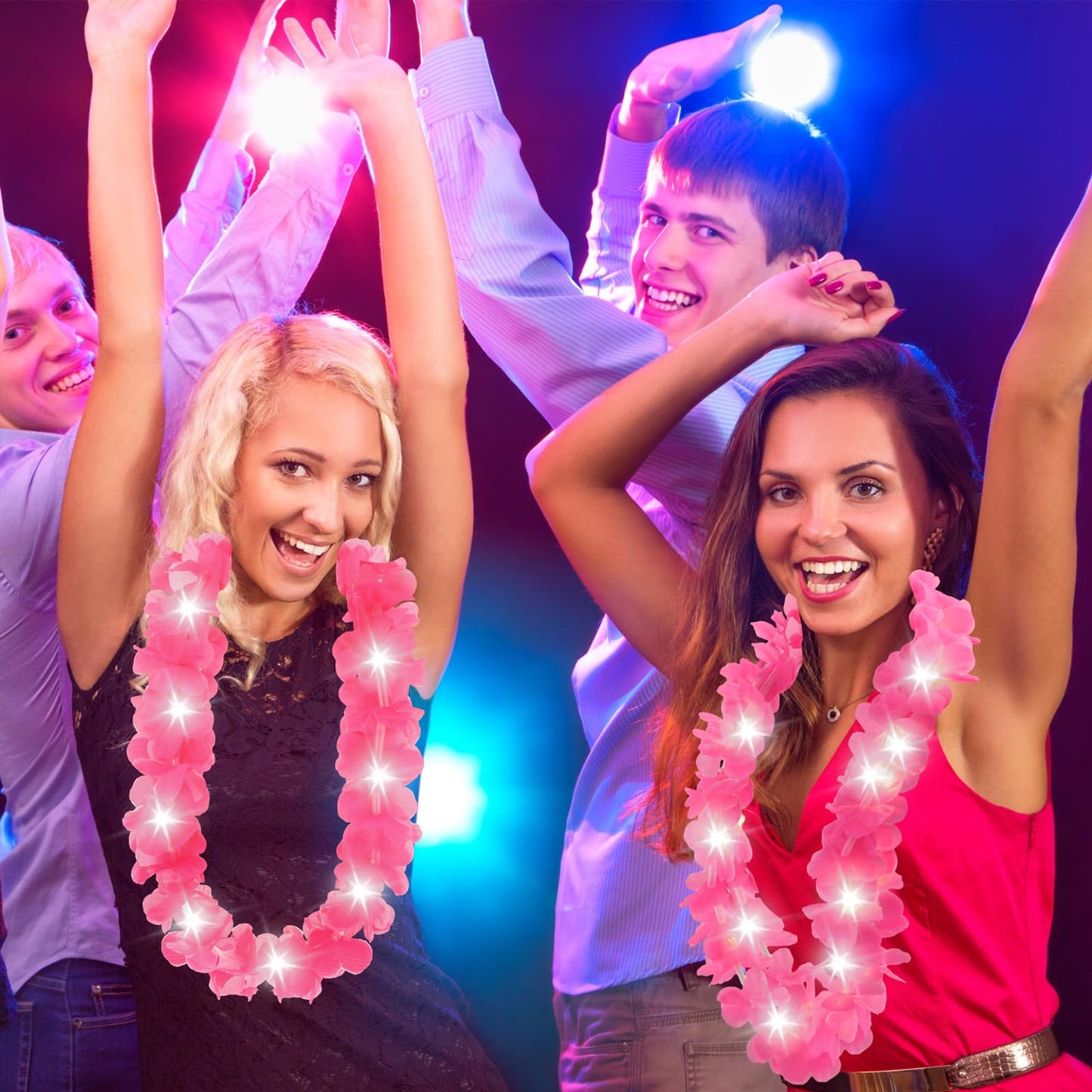 Sherr 24 Pcs LED Hot Pink Leis Light up Wedding Hawaiian Leis Flower Necklace with LED Lights Beach Tropical Carnival Party Wedding Supplies Luau for Masquerade