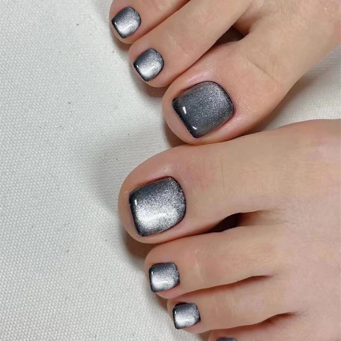 MISUD Press on Nails - Toe Glue on Nails with Black Cat Eye, Acrylic Toenails Bling Design 24 pcs