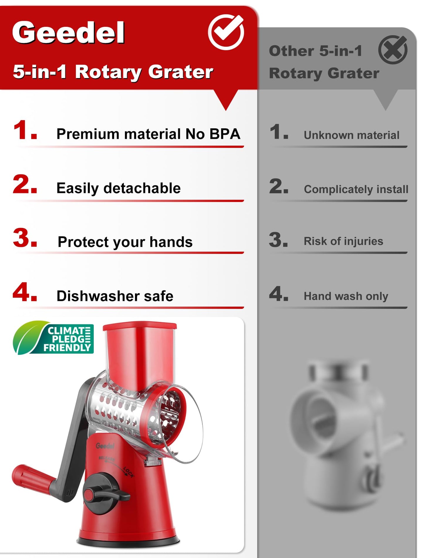Geedel Rotary Cheese Grater Cheese Shredder with 5 Interchangeable Blades - Upgraded Rotary Grater Featuring Strong Suction Base for Cheese Shredding, Wavy Slicing, Nut Grinding, and Ice Shaving