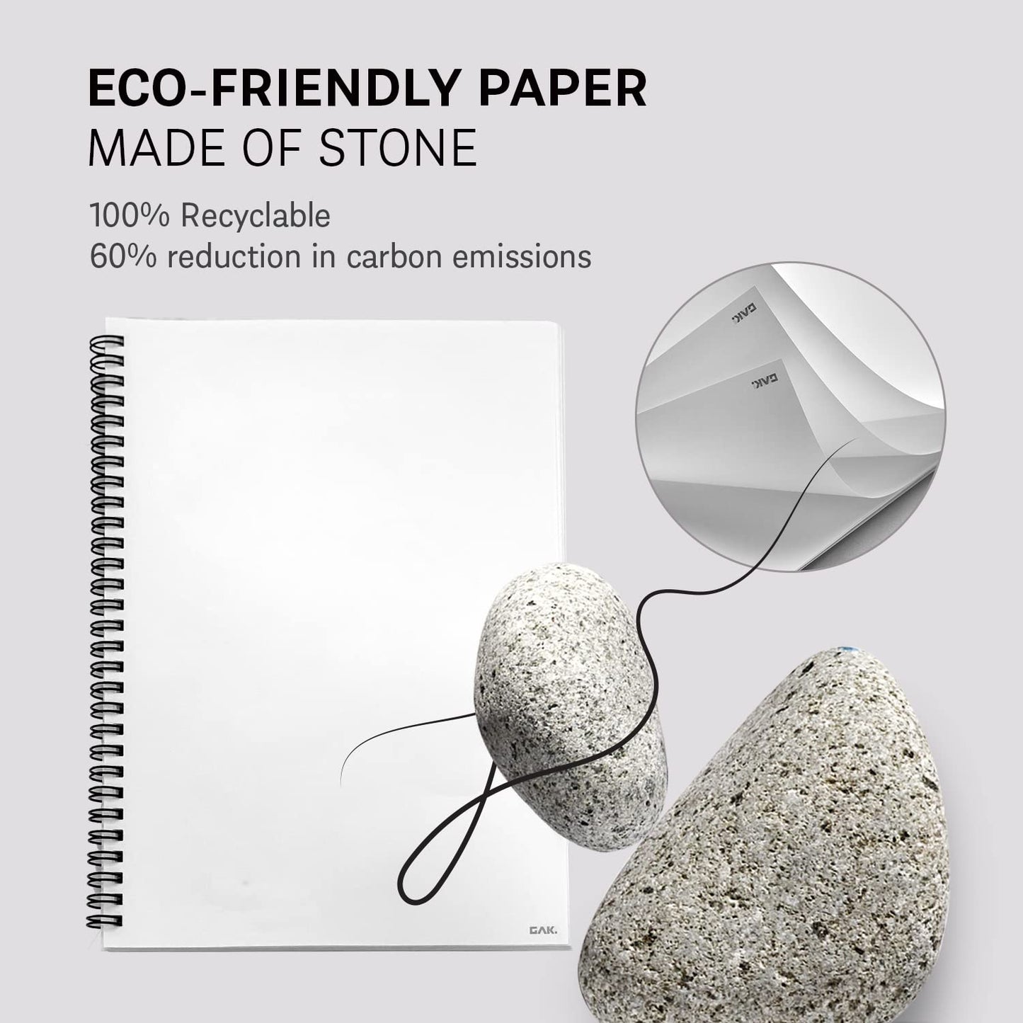 GAK. Stone Paper Notebook | No Lines Spiral Notebook Waterproof Sheet Aesthetic Journal for Note Taking | Notebooks for Work & Aesthetic School Supplies | Large Size, White (7.2”x10.1”, 50 sheets)