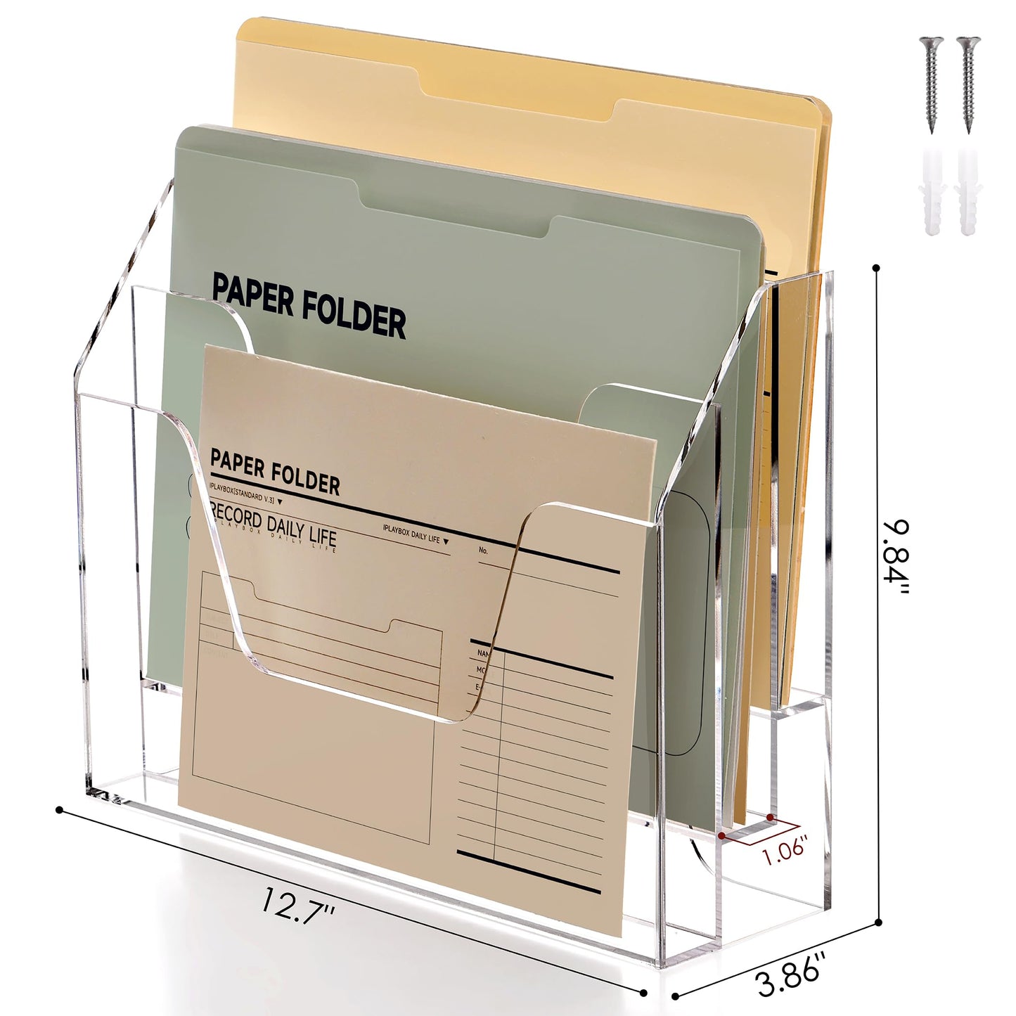 DINGHUO Acrylic Hanging Wall File Folder Organizer for Desk, Clear 3 Tier Document Paper Magazine Holder for Home, Office Organization, School - 1 Pack