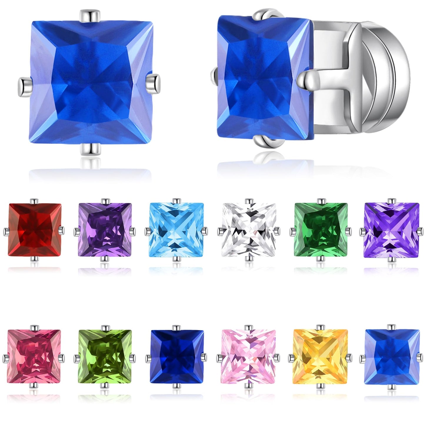 Spiritlele 12 Pairs Birthstone Magnetic Earrings Set Cubic Zirconia Clip on Non Piercing Fake Stud Earrings Birthday Gifts Unisex (Square)
