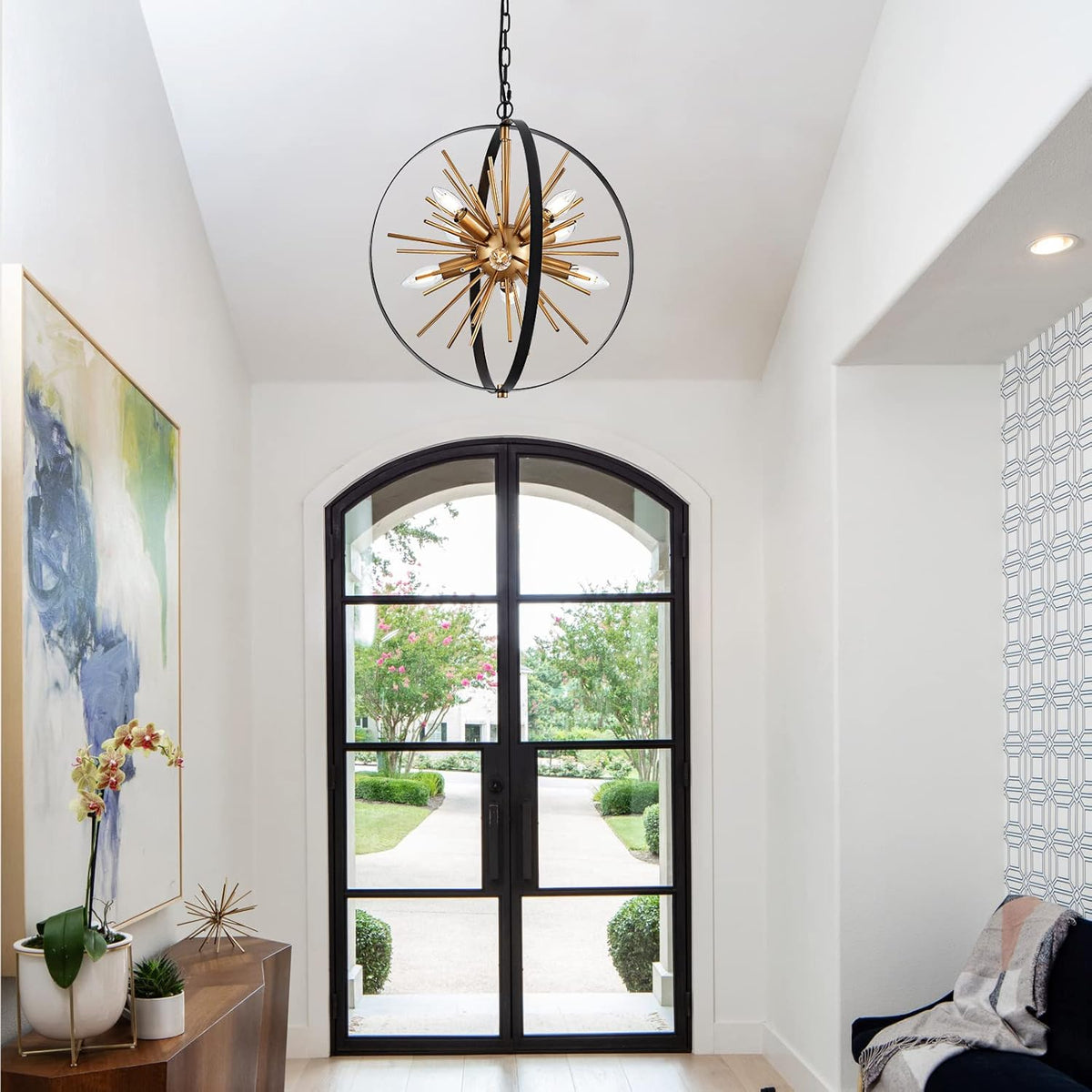 17.72'' Black Gold 8-Light Globe Sputnik Chandelier Modern Industrial Adjustable Hanging Ceiling Firework Pendant Light Fixture for Entryway Stairway Kitchen Dining Living Room Hallway