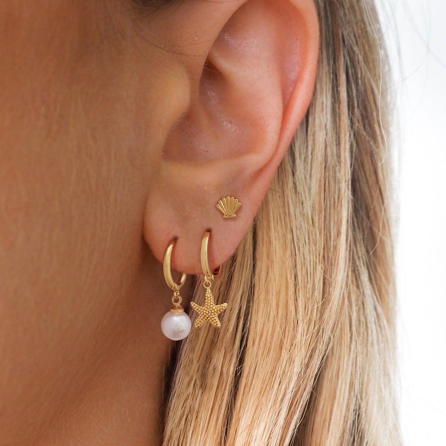 SELFROSE Summer Starfish Earrings 14k Gold Plated Pearl Drop Earrings Stack Dainty Cute Beach Earrings Hypoallergenic Cute Shell Earring Stack Boho Beach Summer Jewelry