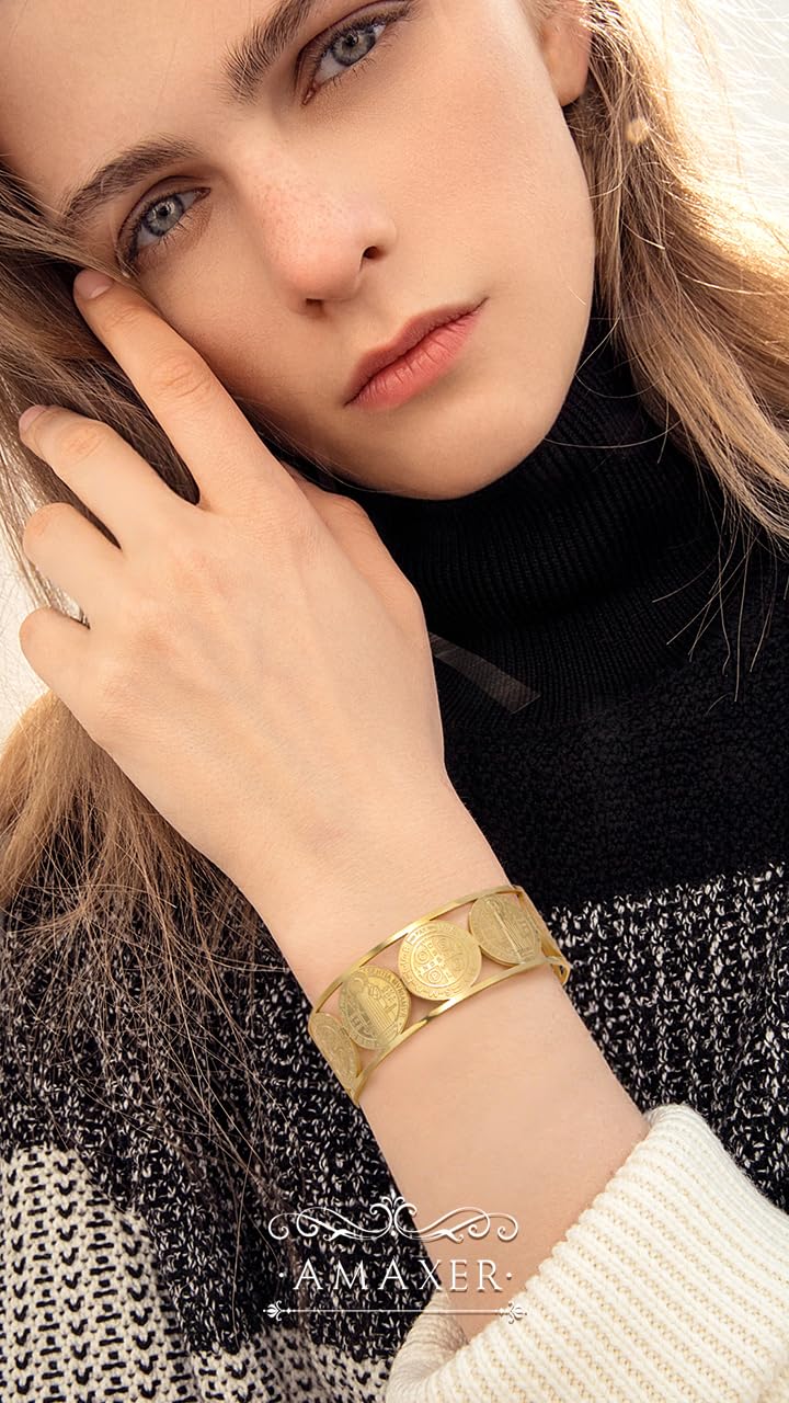 Amaxer Adjustable St. Benedict Open Cuff Bangle Bracelet for Women Men Stainless Steel Religious Jewelry 0.88in Wide (gold)