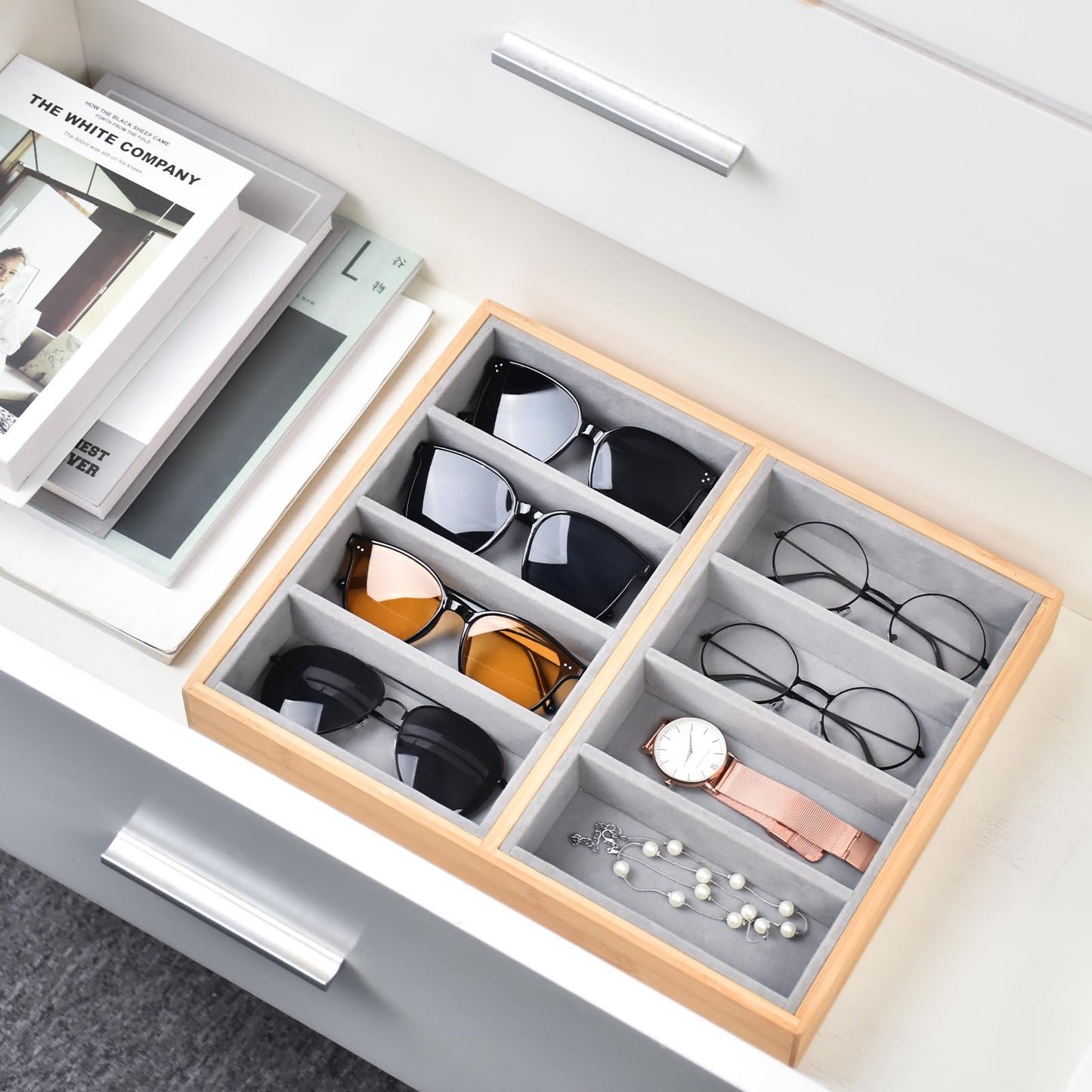 Lunavita Natural Bamboo Velvet Lining Glasses Eyeglass Eyewear Sun glasses Sunglasses Box Storage Case Tray Display Showcase Organizer Box (8 Grids)