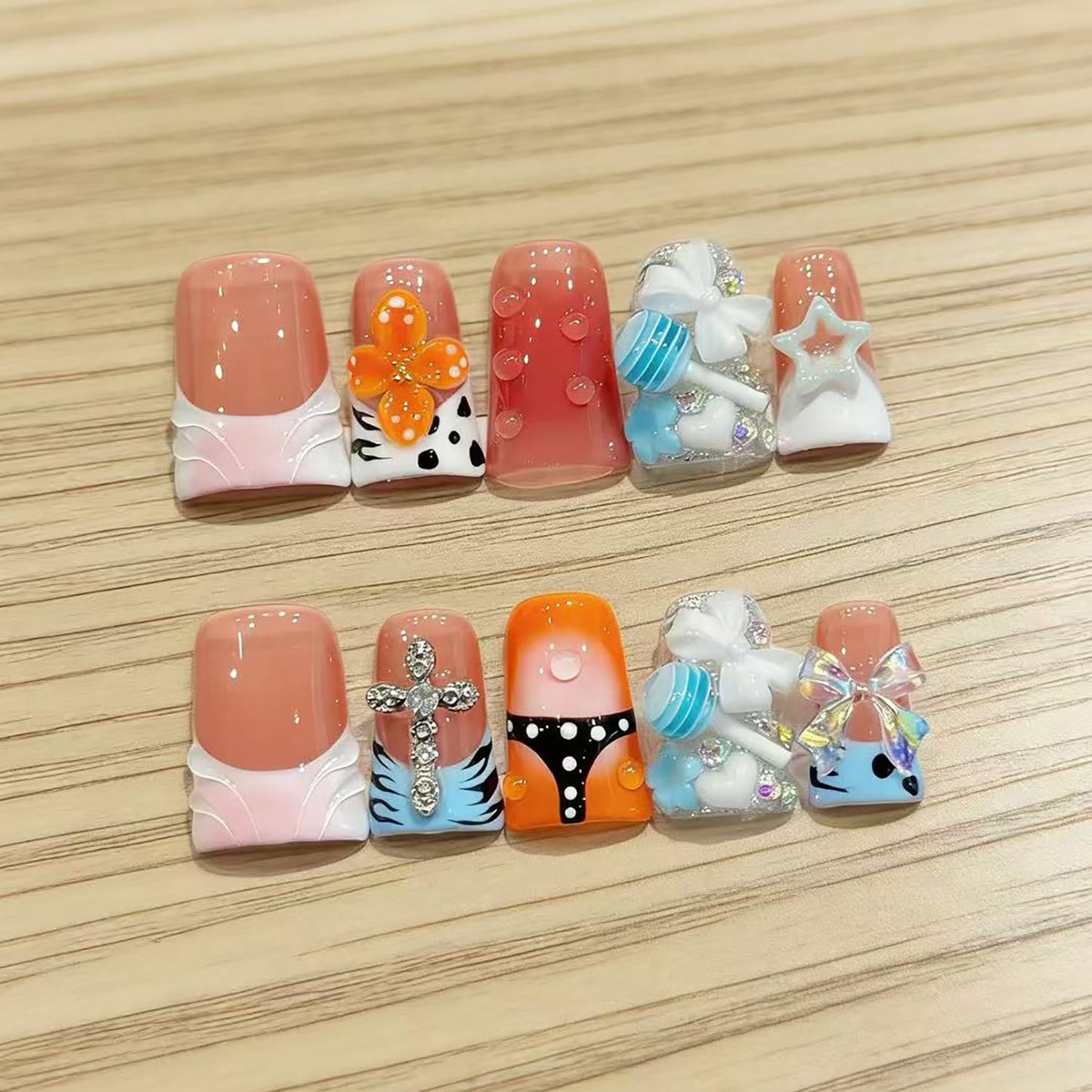 Press On Nails Handmade Short Duckbill Nails, 3D Lollipop Glossy Art Designs Reusable Acrylic Artificial Stick On Nails,False Nails Set (10 Pcs Size S)