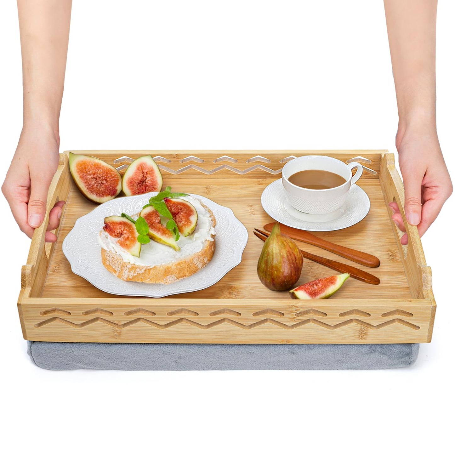 Okllen Bamboo Lap Tray with Detachable Cushion & Handles, 16"x12.2" Breakfast Bed Tray for Eating, Recliner/Sofa/Bed, Housewarming Gift