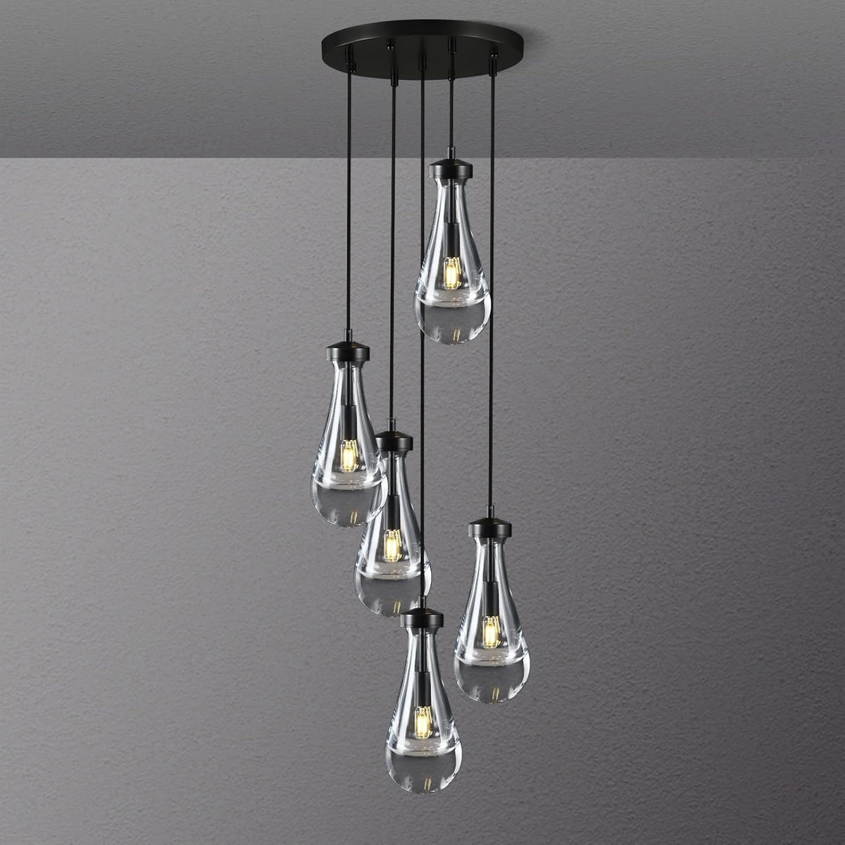 Bronze 5 Light Raindrop Chandeliers, Black Cluster Pendant Light Teardrop Dining Room Light Fixture Pendant Lights Kitchen Island, Hanging Ceiling Pendant Lighting for Entryway Living Room
