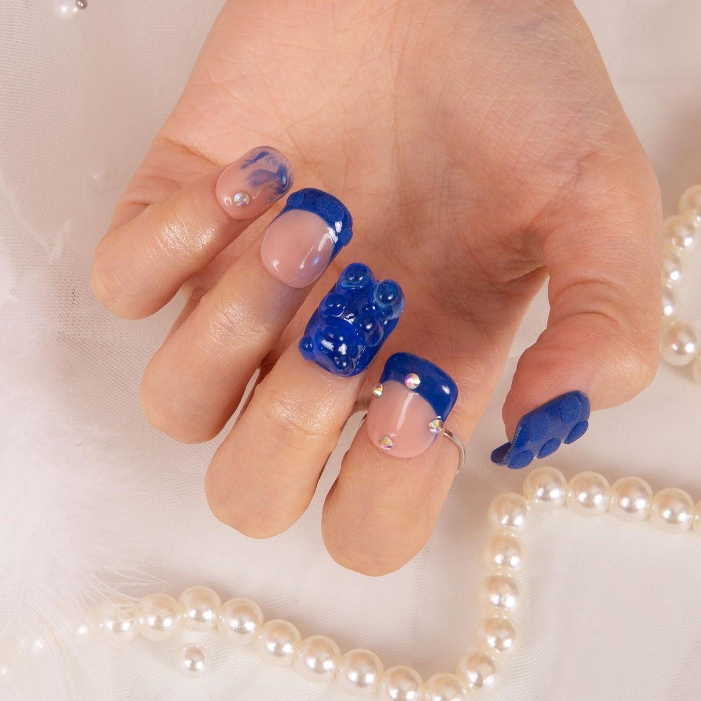 LOVFUL Press on Nails Little Blue Bear Blue French Tip| Handmade with Full Covered Crystals | Reusable Fake Nails | Square Short 0.8 in | H132-L