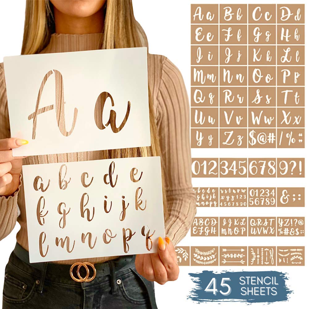 Boutique Calligraphy Stencil Template Kit | 45 Reusable Pieces | Lettering Upper, Lowercase, Large & Small | Numbers, Punctuation, Laurels and Flowers - For Arts Crafts Painting Wood (Calligraphy Kit)