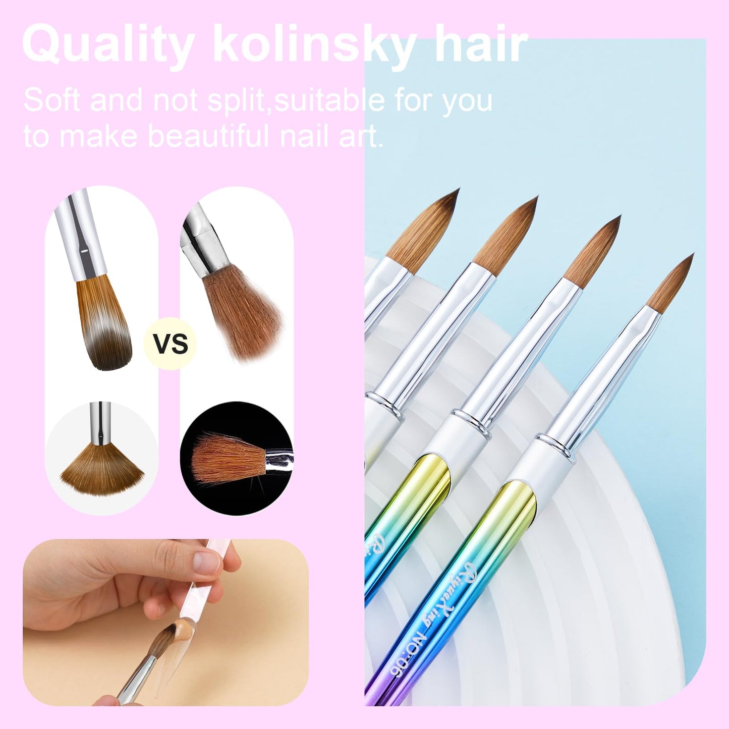 6PCS Kolinsky Nail Art Brush Set, 4/8/10/12/14/16. Oval Shaped Acrylic Powder Nail Design Tools for Professional Manicure DIY Home