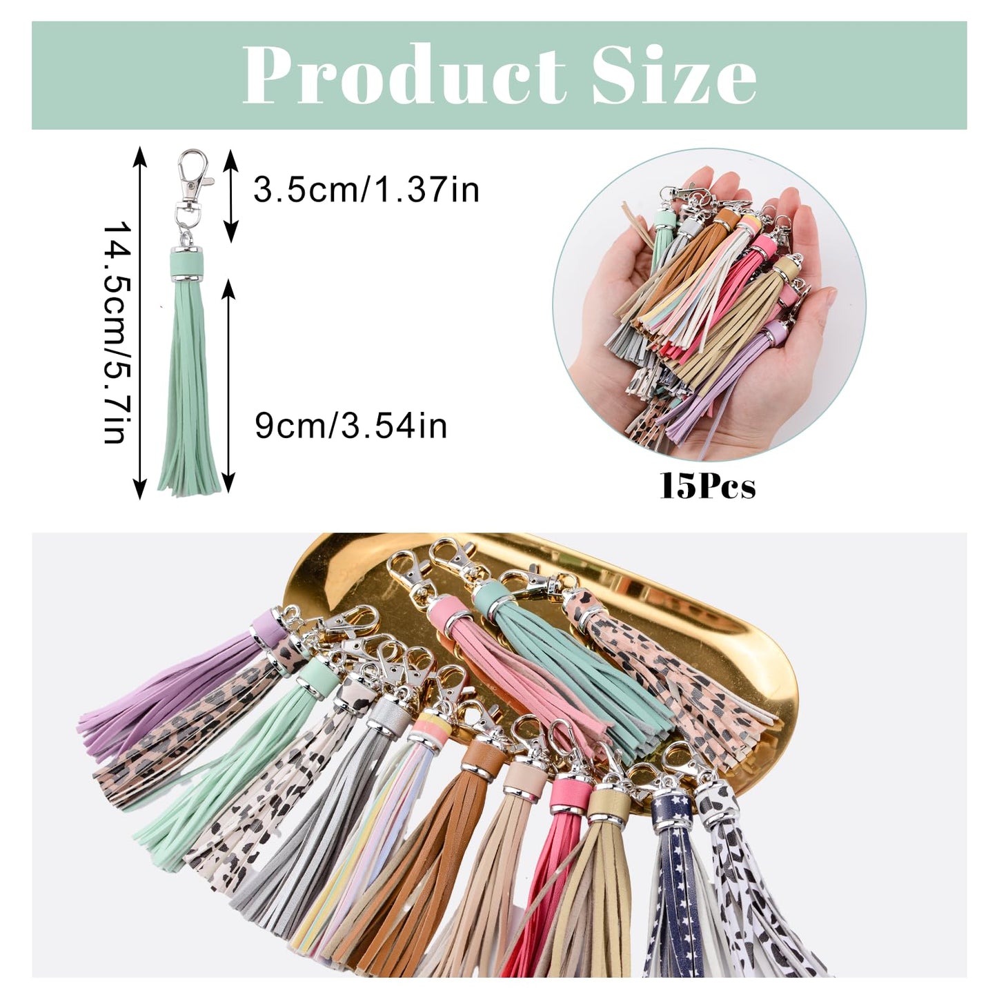 URROMA 15Pcs Faux Leather Tassel Pendant, Colourful Artificial Leather Tassels with Silver Lobster Buckle DIY Keychain and Craft Bag Decor Supplies