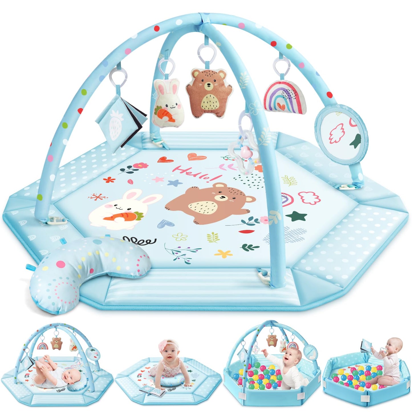 Baby Gym Play Mat, 8-in-1 Tummy Time Mat & Ball Pit with 6 Toys, Washable Baby Activity Mat for Visual, Hearing, Sensory, Motor Development, Baby Gift for Newborn Infant 0-3-6-9-12 Months (Blue)