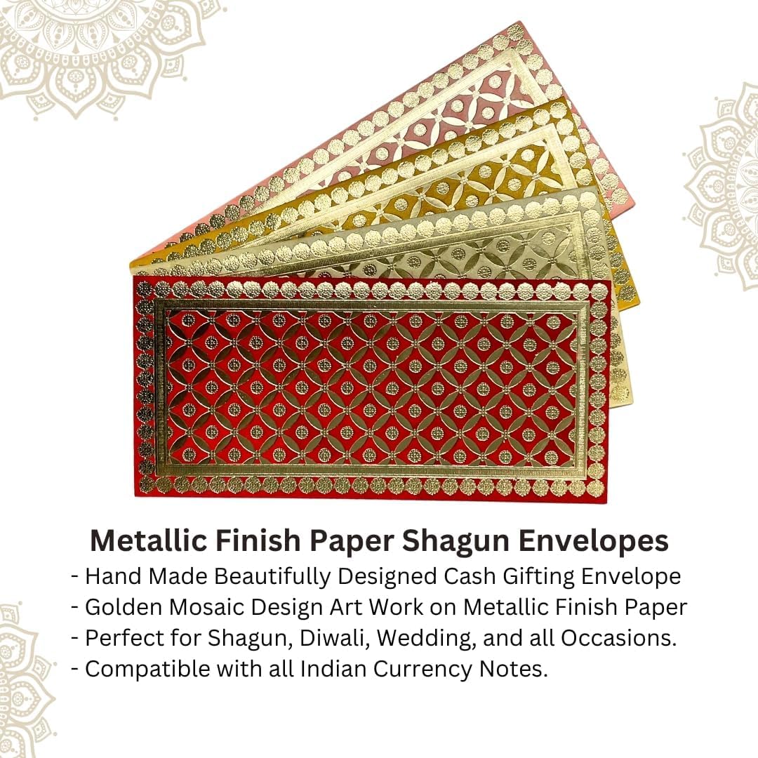 Metallic Paper Shagun Envelopes for Gifting Cash Sagan Lifafa Wedding, 19 X 9 cm, Multicolored 4 (pack of 4) - Royal Mosiac Design