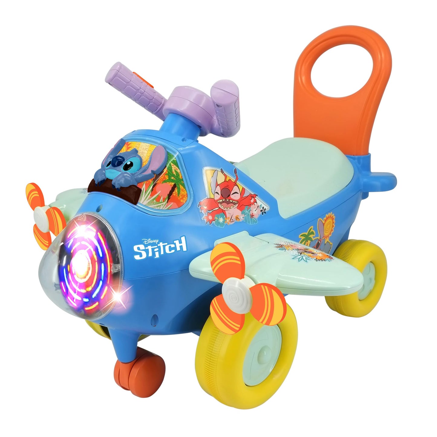 Kiddieland Disney Stitch Lights & Sounds Activity Plane Ride-On, Foot-to-Floor Toy with Interactive Dashboard, Rotating Propellers, Push Handle, for Toddlers 12–36 Months