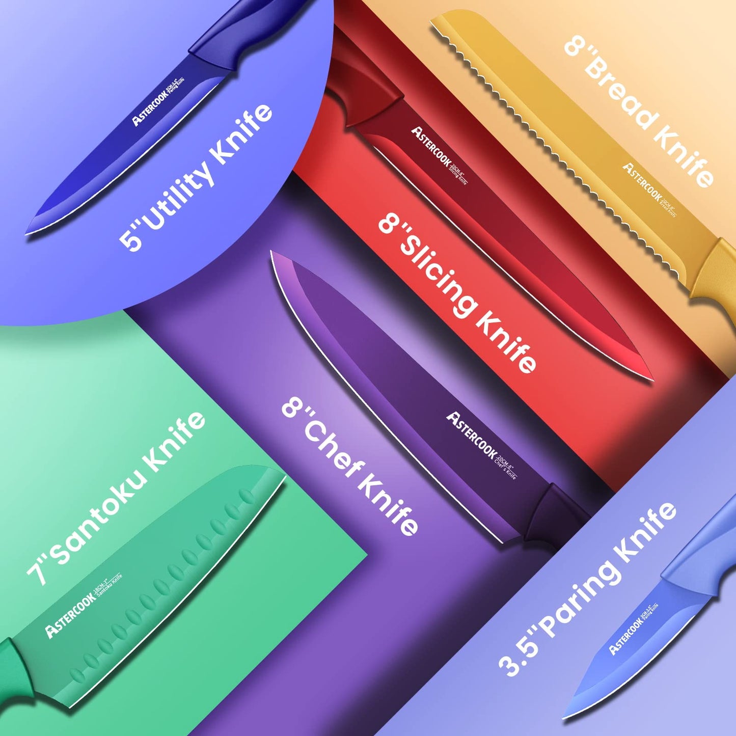 Astercook Knife Set, 12 Pcs Color-Coded Kitchen Knives Set, 6 Color Anti-Rust Coating Stainless Steel Chef Knife Sets with 6 Blade Guards Dishwasher Safe Mothers Day Gifts