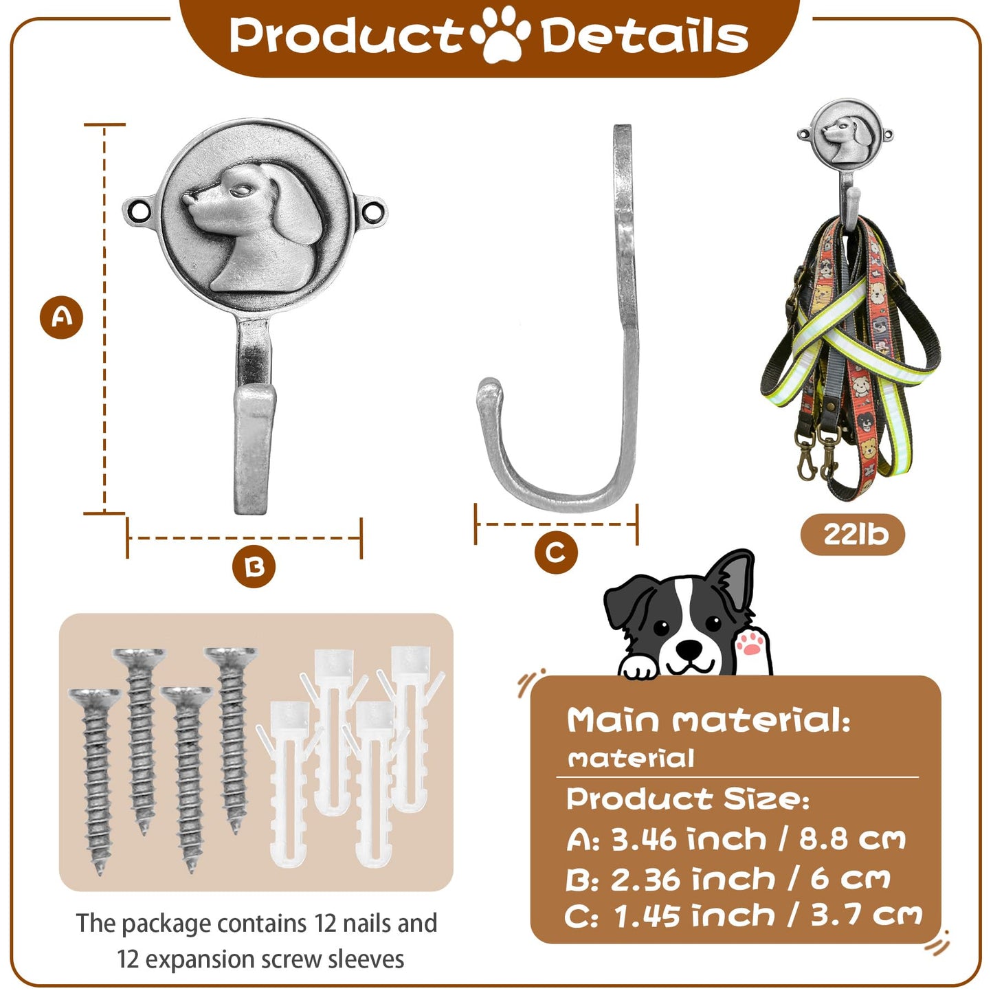 FKLOYP 6PC Dog Head Shaped Hooks Wall Mount Pet Leash Hook Cat Leash Holder for Wall Cute Coat Hooks Key Holder for Entryway Hallway Kitchen Office, Great Gift for Dog and Cat Lovers(Antique Silver)