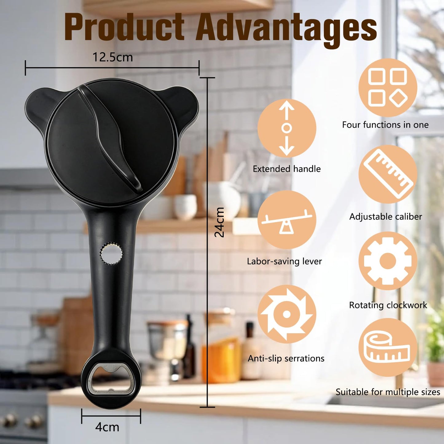 Multi-Functional Retractable Jar & Bottle Opener, Magnetic Stainless Steel Can Opener with Ergonomic Handle, Friendly Kitchen Gadget (black)