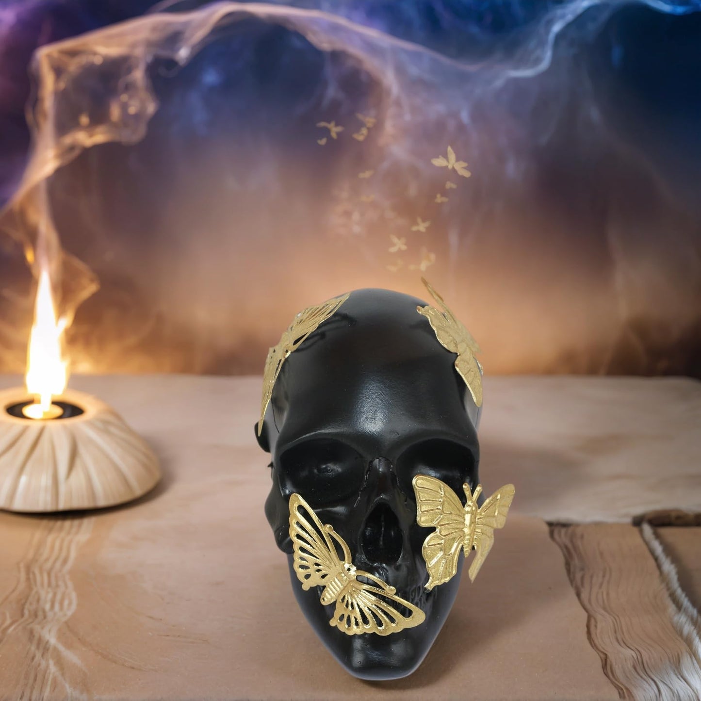 JOOMBE Black Skull Statue with Glod Butterfly,Halloween Decoration Home Decor Collectible Figurines (Small)