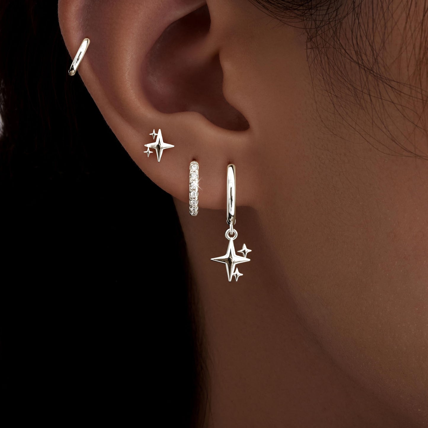 Silver Star Earrings for Women,Huggie Small Stack Cartilage Hoop Star Stud Earring Sets for Multiple Double Piercing, Conch Helix Rook Tragus Daith Piercing Silver Clip On Jewelry Set Gifts