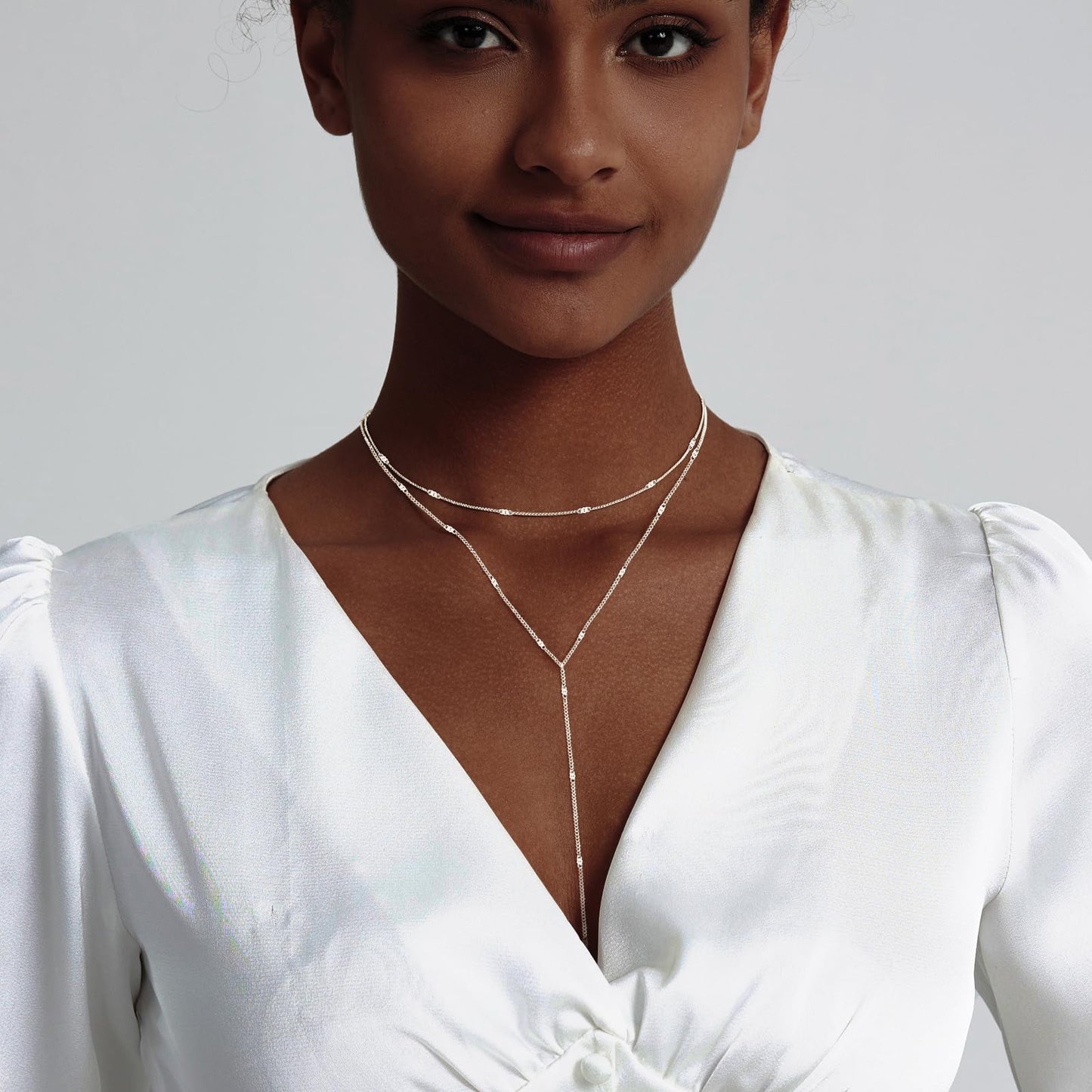 LULII Dainty Long Silver Necklace for Women Trendy Lariat Y Necklace Silver Plated Layered Chain Drop Y-Shaped Jewelry Gift