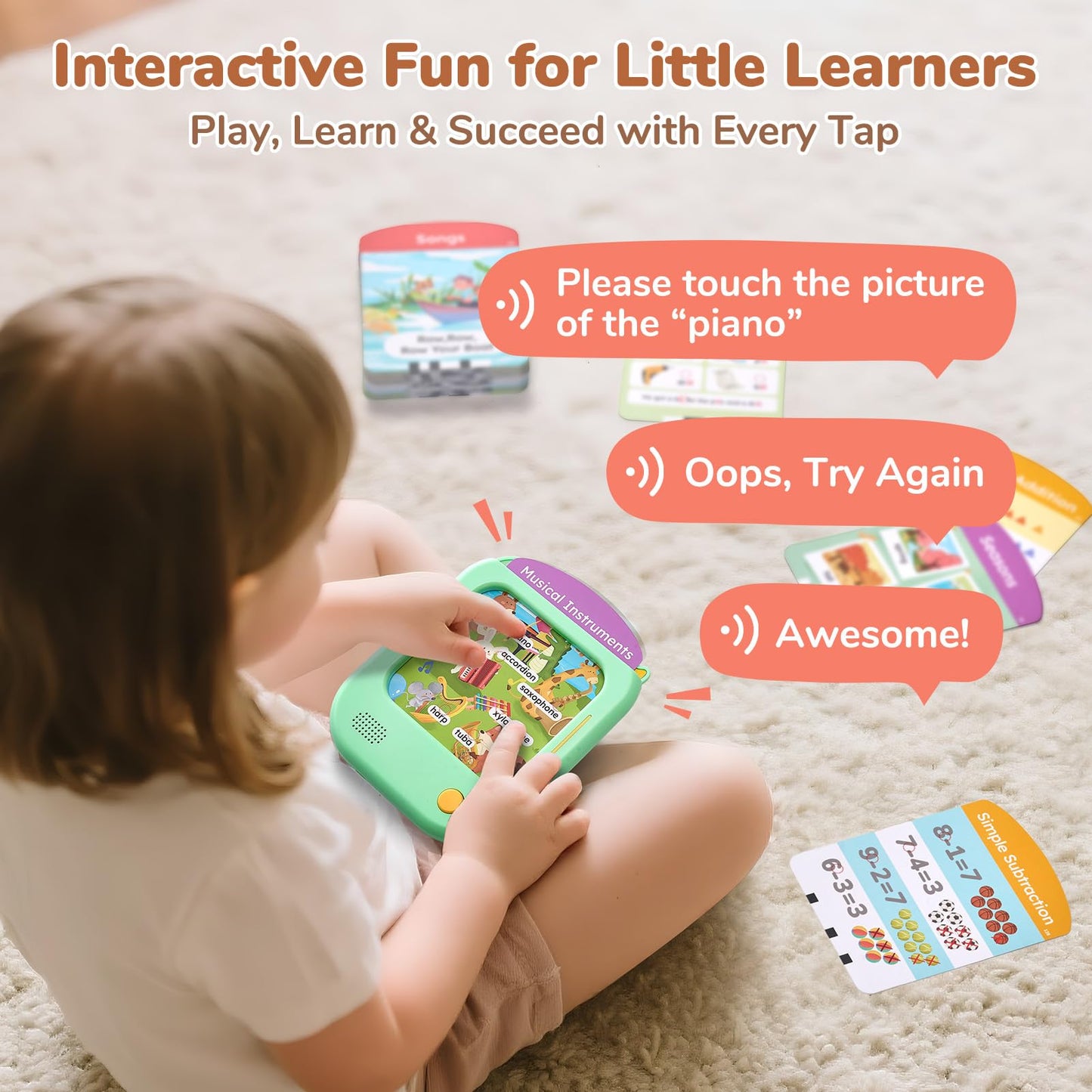 JoyCat Kids Learning Tablet, Phonics Talking Flash Cards, Learn to Read with 156 Pages, 40+ Themes, 600+ Words, 100+ Interactive Games, Screen-Free Toddler Learning Toys Gifts for 2-6 Year Old