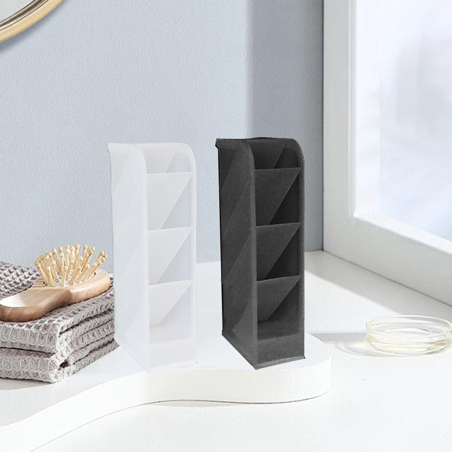 Tissting Pen Holder for Desk, 4 Compartment Pencil Organizer Tiered Vanity Countertop Makeup Brush Desktop Storage Rack, Plastic Angled Storage Organizer for Pen Makeup Brush(Transparent)