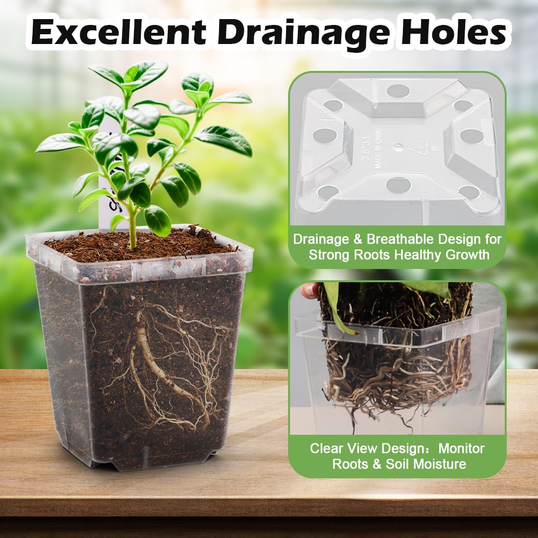 RooTrimmer 3.3 Inch Clear Nursery Pots with Drainage,90 Pack Square Seedling Pots with Plant Lables,Reusable Seed Starter Pots for Succulents Transplanting Herbs Flowers Tomato Windowsill Gardening