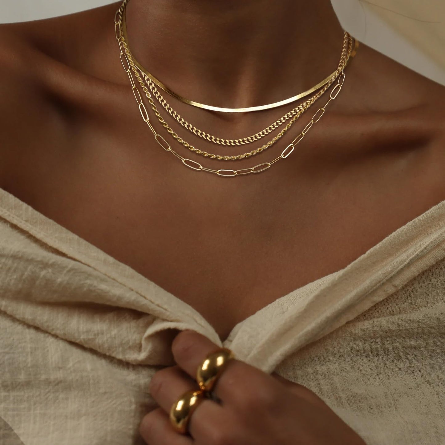 MFRYK Gold Necklaces Stack For Women,14K Gold Plated Simple Layered Choker Necklaces For Women,Stackable Multilayer Gold Rope Cuban Herringbone Snake Paperclip Chain Layering Necklace Set Jewelry Gift