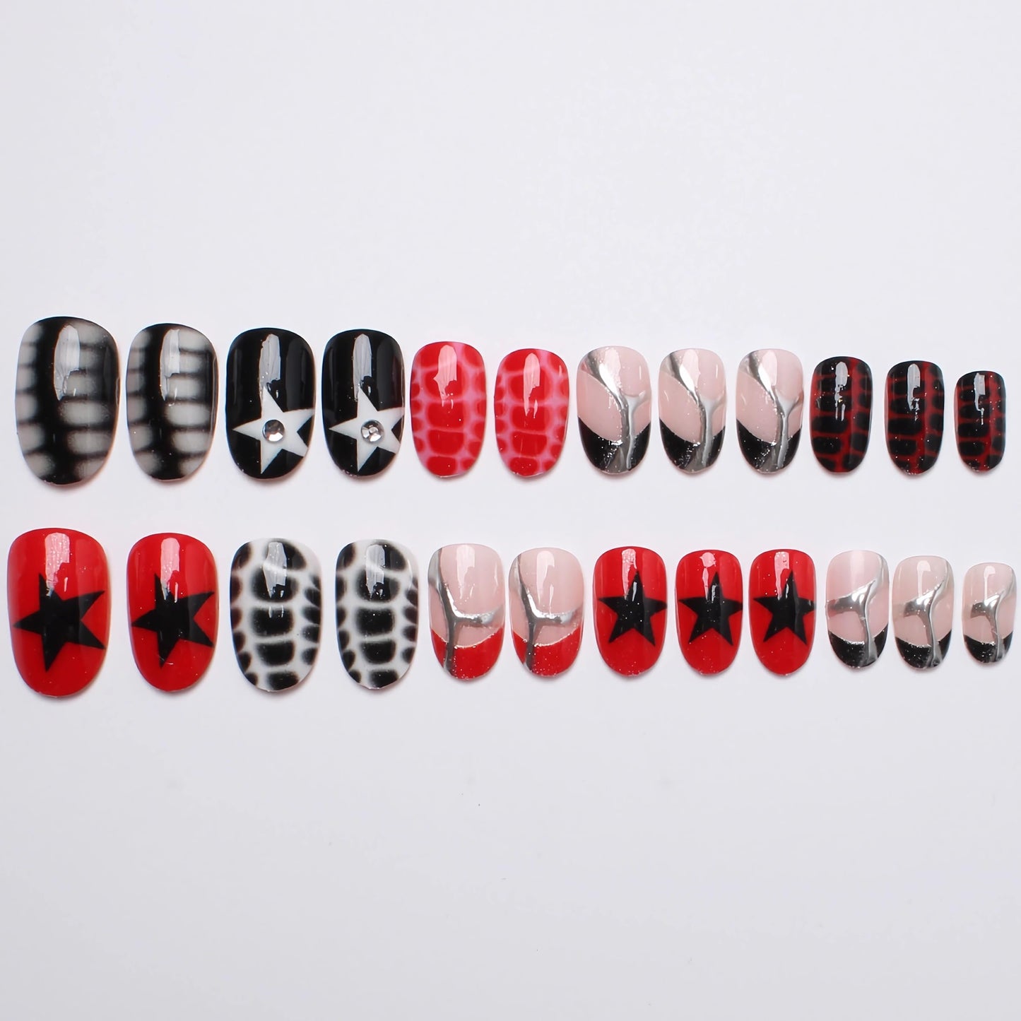 BABALAL Goth Press on Short Artificial Nails 24pcs Acrylic French Tip, Black Red, Y2k Star, Silver Chrome, 24Pcs Glossy Full Cover Oval False Nails for Women Girls