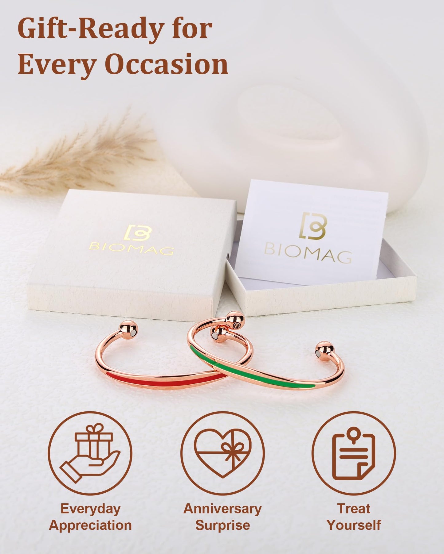 BioMag 2Pcs Copper Bracelets for Women Men, 99.9% Pure Copper Magnetic Bracelet Cuff Bangle with 8Pcs Magnets, Adjustable Jewelry Gifts (Green, Red)