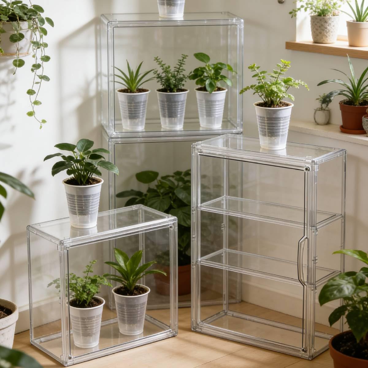 Mini Greenhouse for Indoor, Clear Stackable Green House with Magnetic Waterproof Door for Small Plants, 14”x10.5”x5.5”