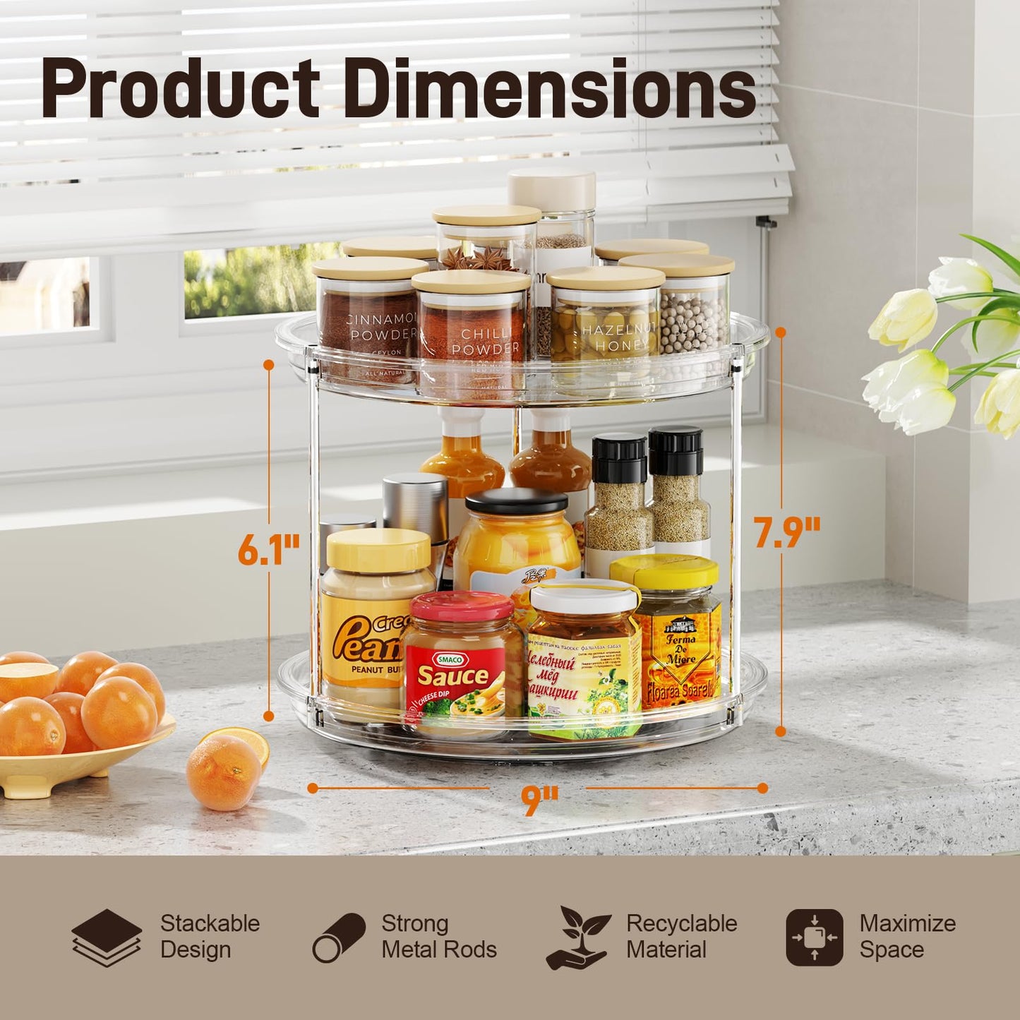 LazySpin 2 Tier Lazy Susan Organizer, 9.25'' Lazy Susan Turntable for Cabinet, Stackable Turntable Organizer Rotating Spice Rack Organization for Kitchen Countertop, Pantry, Bathroom, Clear