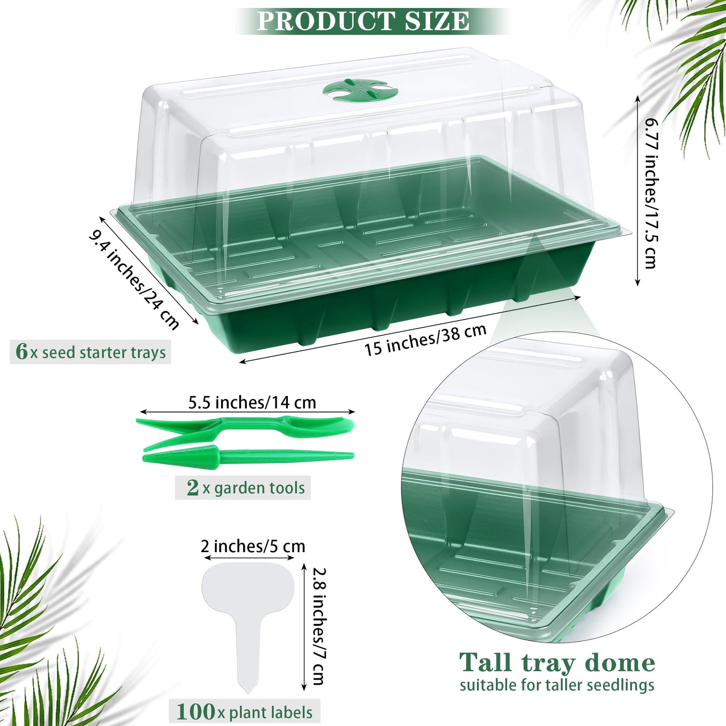 Hahood 6 Packs Seed Starter Tray Kits with Humidity Dome, Plastic Germination Growing Trays with Plants Labels Planting Tools for Seeds Growing Starting, Germination Seedling Propagation, Green