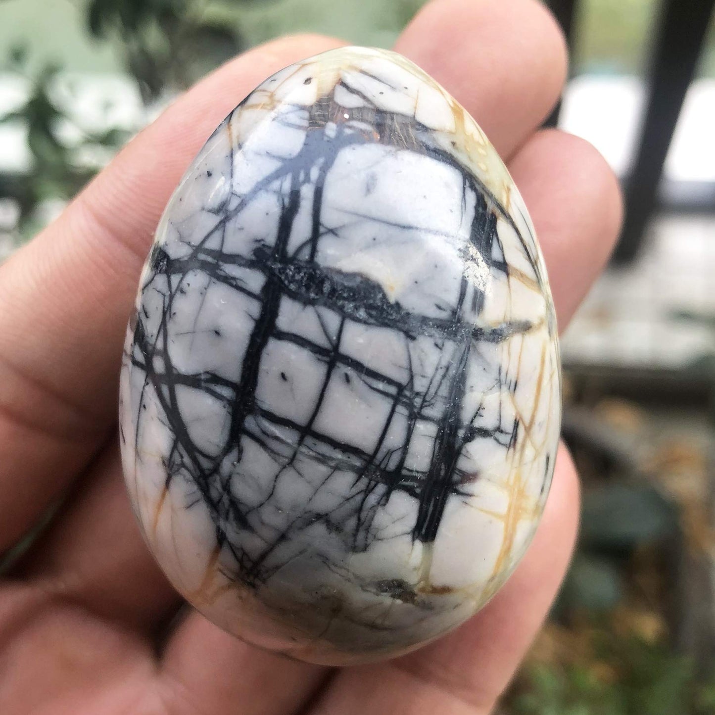 Fekuar Stone Egg Figurine, Polished Healing Crystal Easter Eggs Sphere Sculpture with Wood Stand, Picasso Jasper, 1.8"